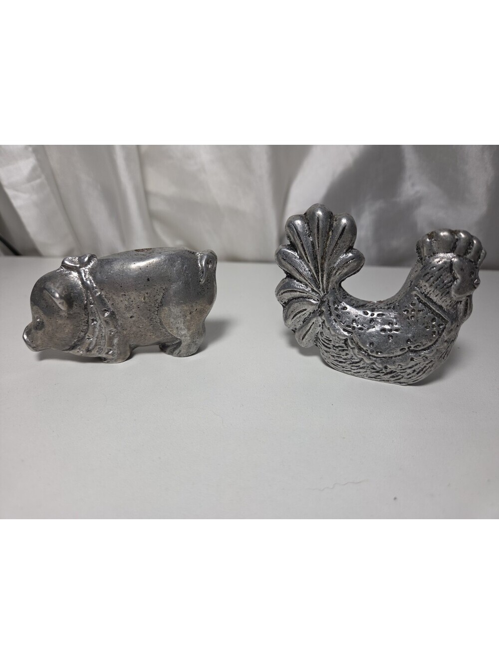 Vintage Pewter Birthday Candle Holders - Rooster & Pig Farm Animal Set of 2
